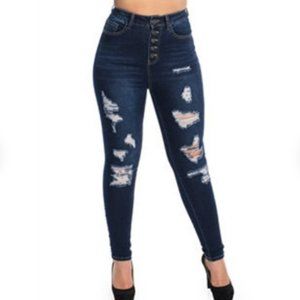 Ladies high-rise ripped dark blue jeans